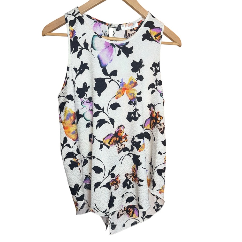 Renee C. Butterfly Print Sleeveless Split Back Top White Floral Size L (NWT)